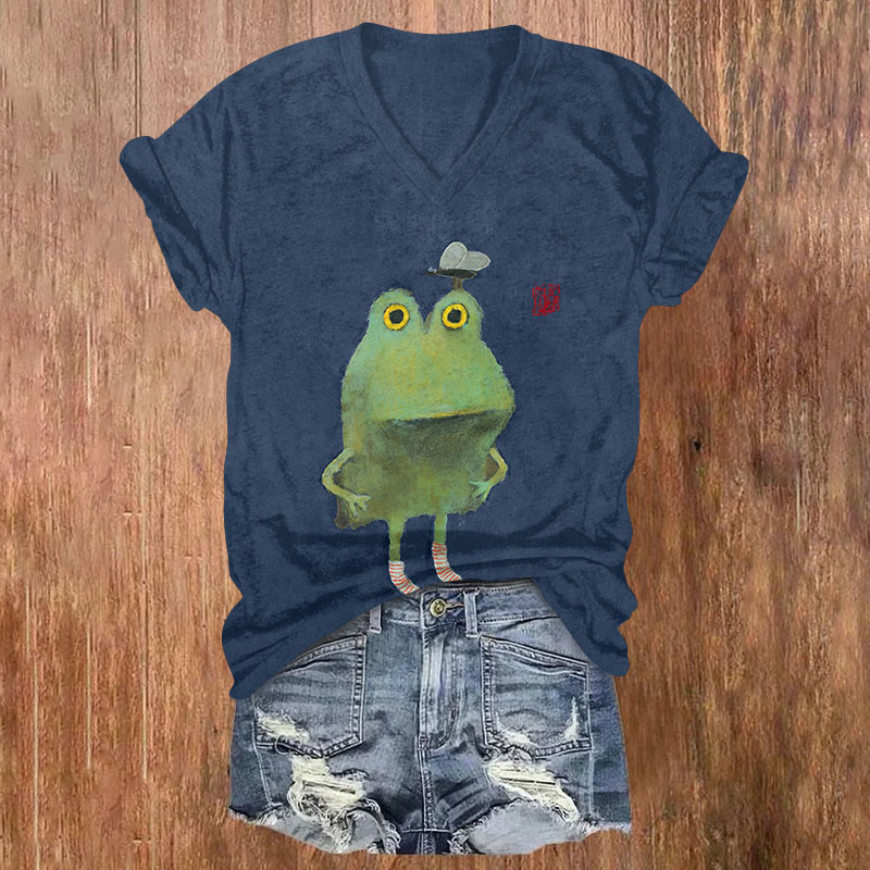 Japanese Watercolor Frog & Fly Art Print T-shirt - Blue - US32-34(5XL) - image 2