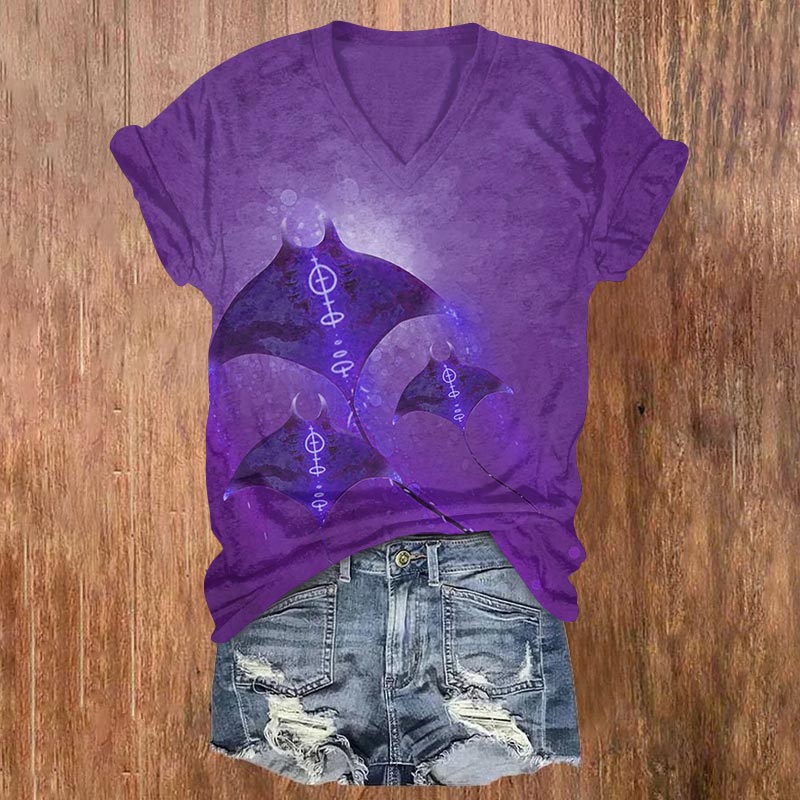 Mystical Glowing Ocean Ray Print V-neck T-shirt - Purple - US32-34(5XL) - image 3