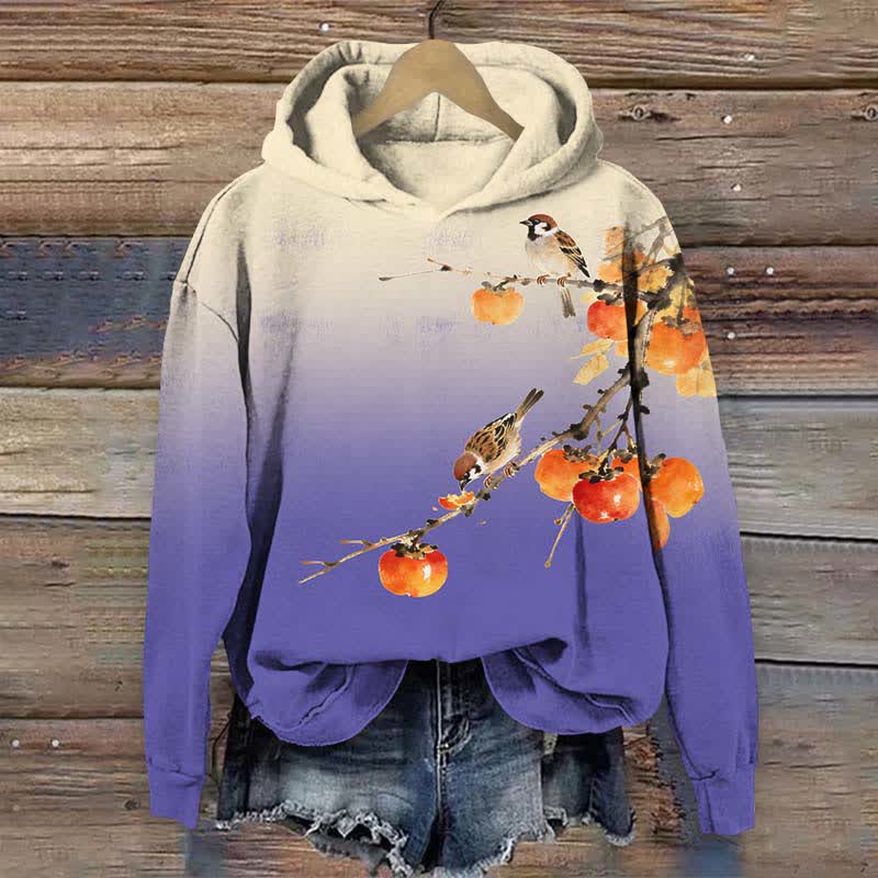 Japanese Cute Bird Eating Persimmon On The Branch Print Long Sleeve Hoodie - Purple - US44-46(8XL) - image 4