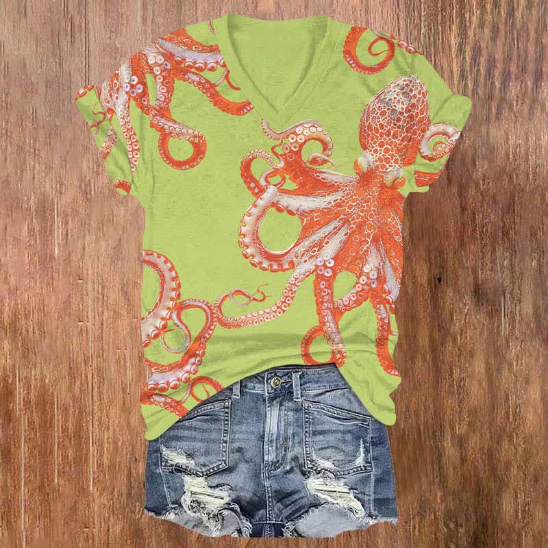 Japanese Vintage Vivid Octopus Art Print V-neck T-shirt - Green - US32-34(5XL) - image 2