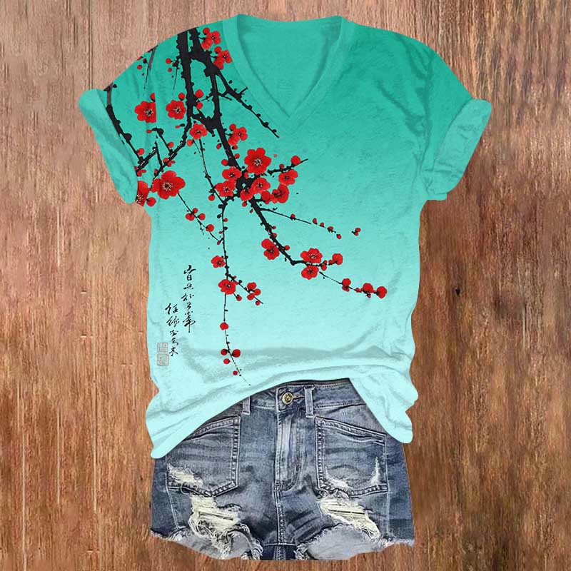 Japanese Vintage Plum Blossom Art  Print V-neck T-shirt - Lake Blue - US32-34(5XL) - image 2