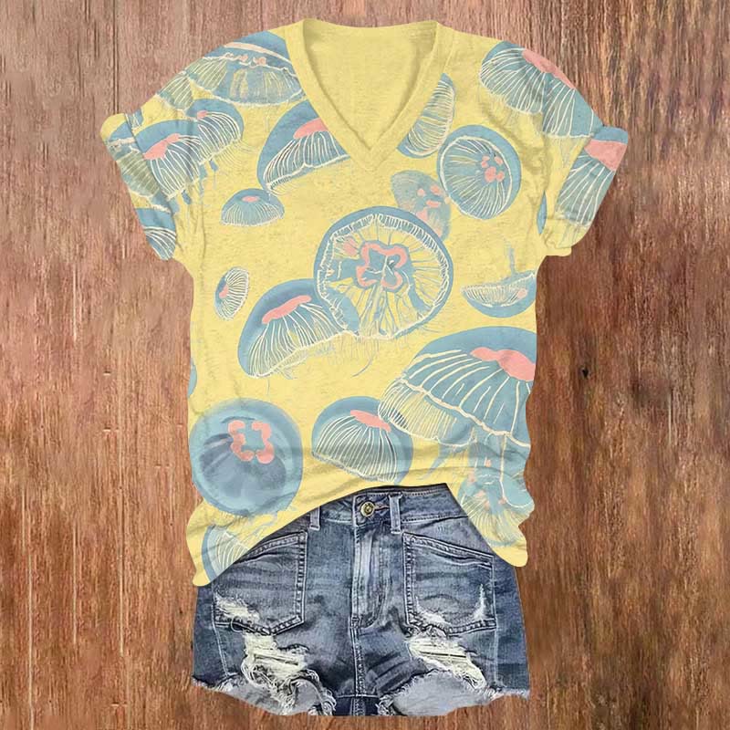 Creative Jellyfish Mushroom Cloud Art Print V-neck T-shirt - Yellow - US32-34(5XL) - image 3