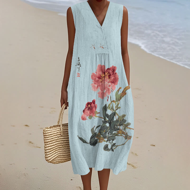 Vintage Japanese Ink Flower Calligraphy Art Print V-neck Sleeveless Dress - Blue - 5XL - image 2