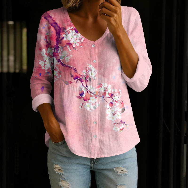 Japanese Antique Pear Blossom Ink Painting Print Button V-neck A-line Long Sleeve Blouse - Pink - 4XL - image 3