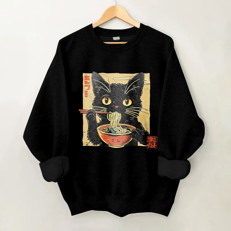 100% Cotton Japanese Ramen Cat Print Crew Neck Sweatshirt - Black - 2XL - image 4