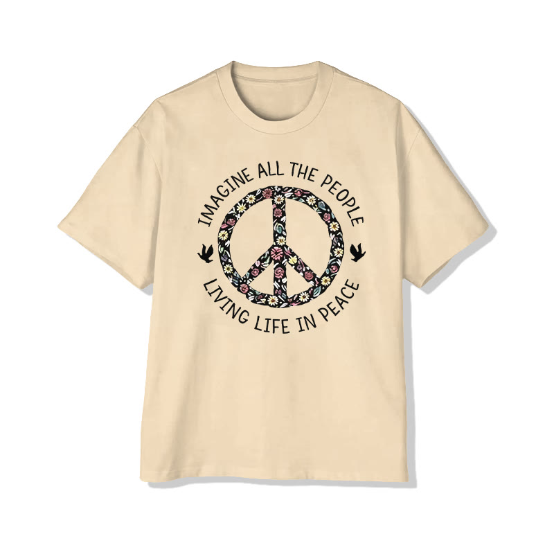 Unisex Imagine All The People Living Life In Peace Pattern Cotton Print T-shirt - Apricot - US20-22(3XL) - image 10