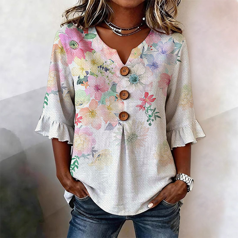 Boho Floral Print Button V-neck Casual Blouse With Ruffle Sleeves - White - 3XL - image 1