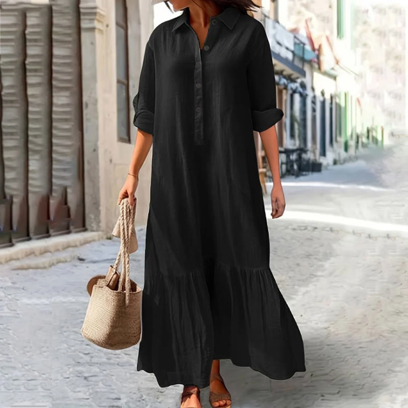 Beach Elegant Solid Shirt-collar Button-front 3/4 Sleeve Maxi Dress - Black - 5XL - image 6