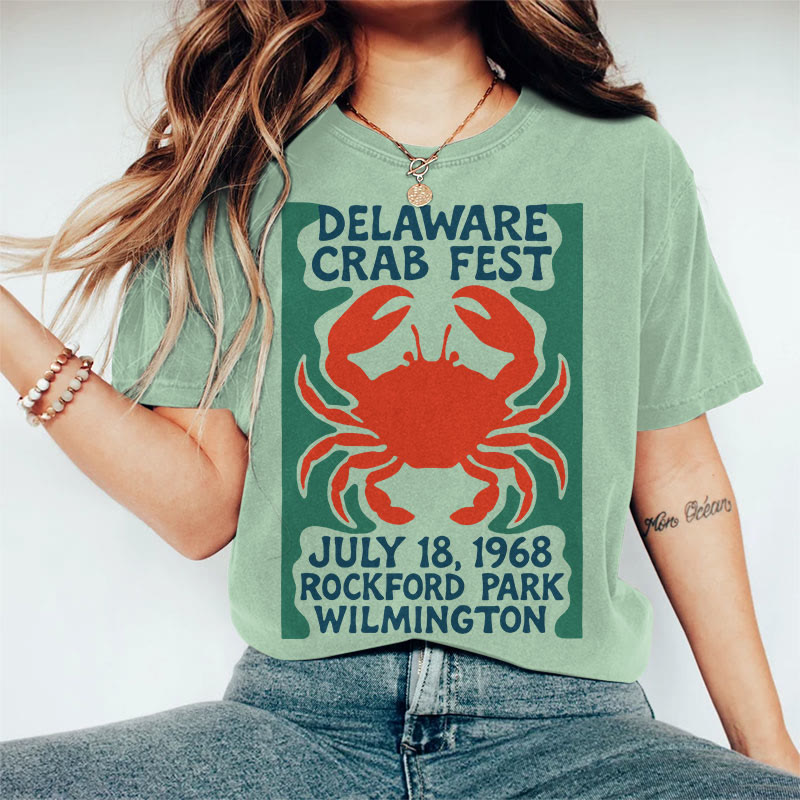 100% Cotton Women's Delaware Crab Fest  Art Print Casual T-shirt - Green - 2XL - image 6