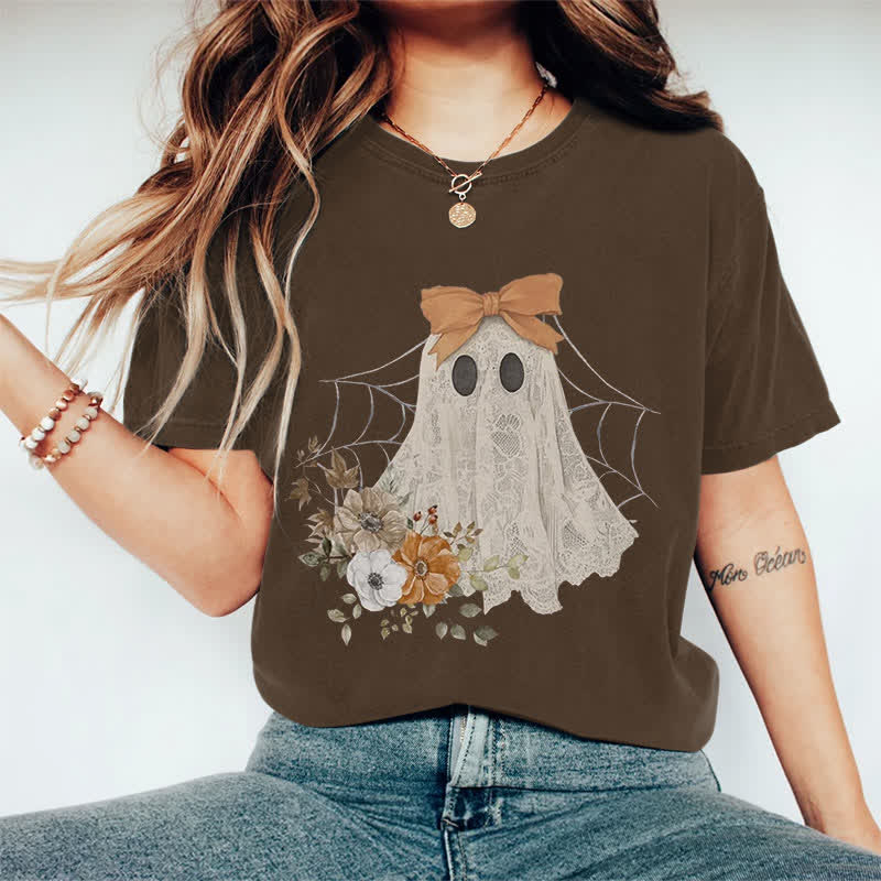 100% Cotton Halloween Funny Floral Bow Ghost Art Print T-shirt - Coffee - 2XL - image 4