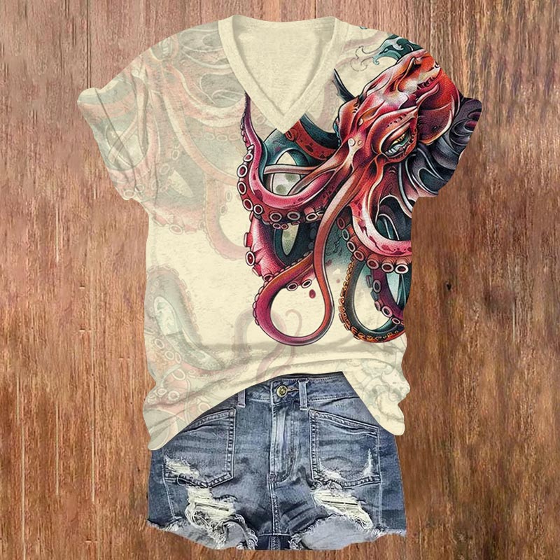 Japanese Vintage Octopus Print V-neck T-shirt - Yellow - US32-34(5XL) - image 6