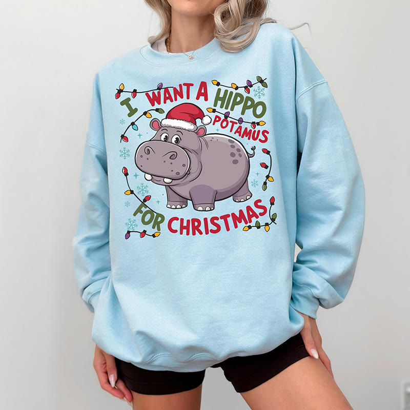 Unisex 100% Cotton Cute Hippopotamus For Christmas Print Round Neck Sweatshirt - Light Blue - 2XL - image 7