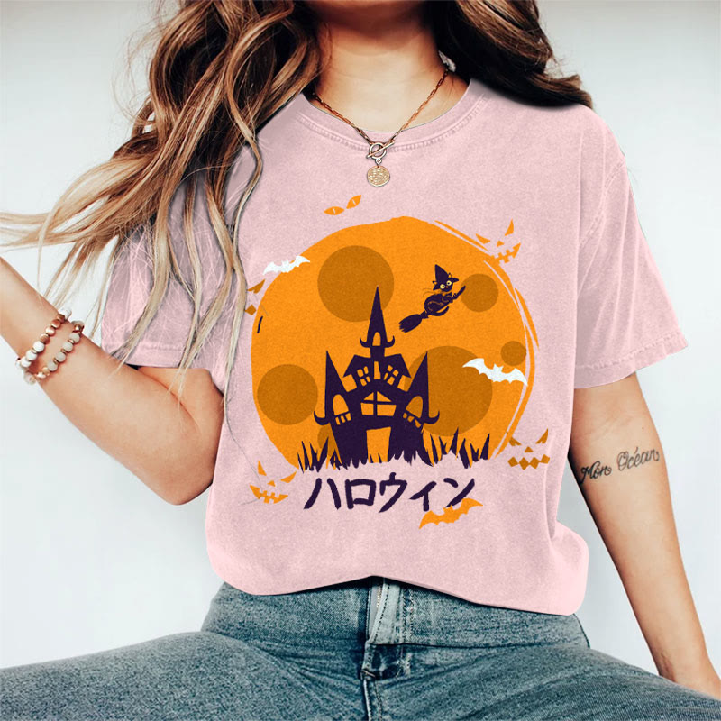 100% Cotton Women's  Halloween Magic Pumpkin Castle Art Print Casual T-shirt - Pink - 2XL - image 3