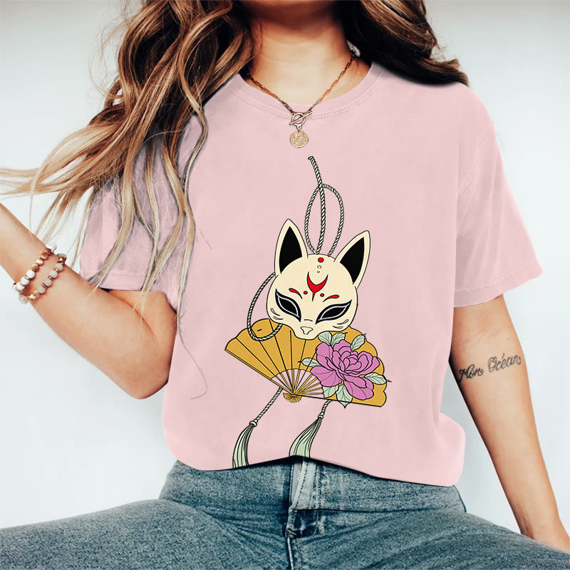 100% Cotton Women's Japanese Style Fox Mask Flower Fan Art Print Casual T-shirt - Pink - 2XL - image 4