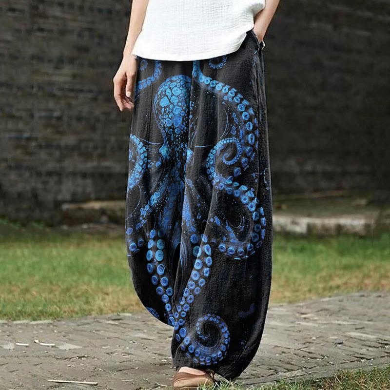Vintage Octopus Art Print Casual Pants - Dark Blue - 5XL - image 3