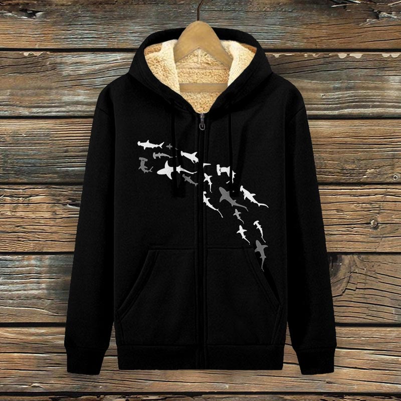 Shark Print Fleece Jacket - Black - 4XL - image 3