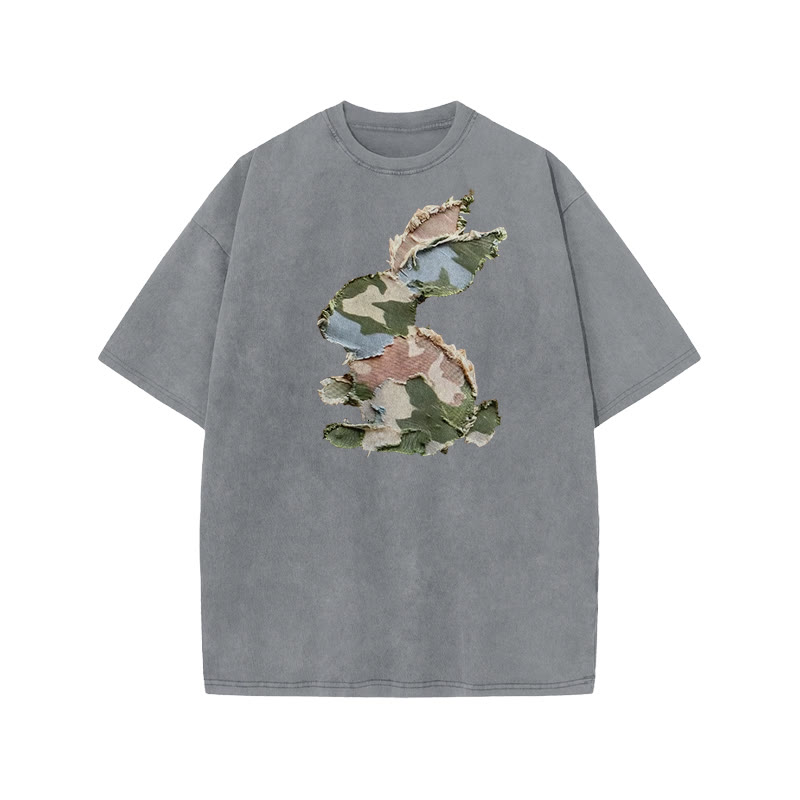 Unisex Easter Camouflage Bunny Irregular Pattern Pattern Art Print Acid Washed T-shirt - Grey - US20-22(3XL) - image 3
