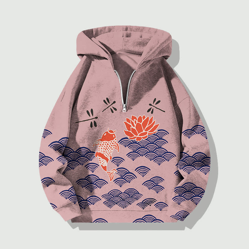 Unisex Japanese Style Koi Fish Dragonfly Wave Half Zip Hoodie - Pink - US32-34(5XL) - image 4