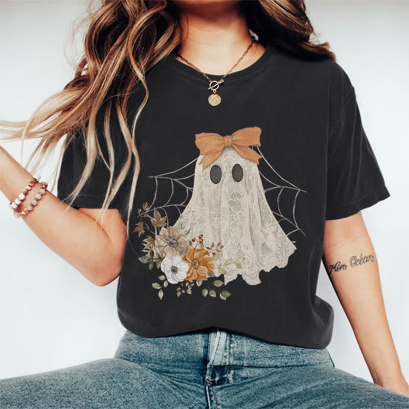100% Cotton Halloween Funny Floral Bow Ghost Art Print T-shirt - Black - 2XL - image 6