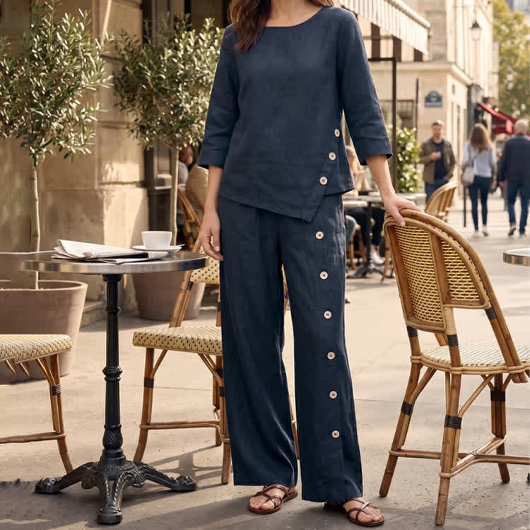 Cozy Solid Crew Neck Half Sleeves Asymmetrical Button Hem Blouse & Pants Set - image 11