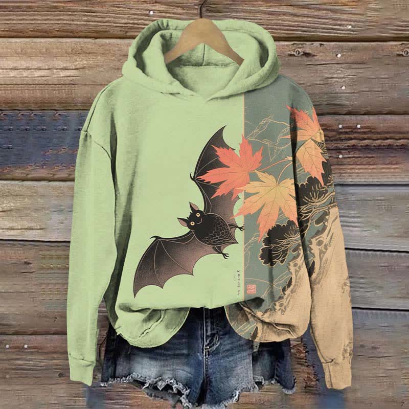 Halloween Cute Bat & Maple Leaf Art Print Long Sleeve Hoodie - Green - US44-46(8XL) - image 4