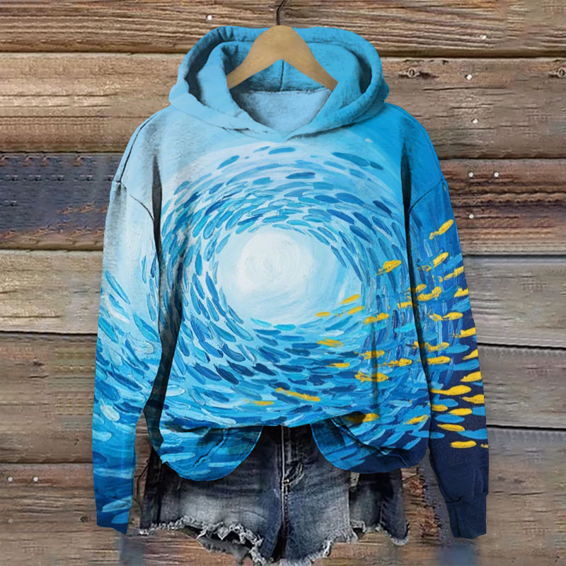 Fish Oil Painting Painting Long Sleeve Hoodie - Blue - 8XL - image 1