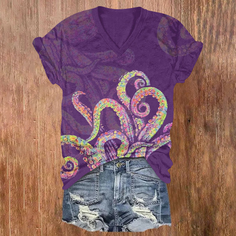 Crayon Ocean Octopus Tentacles Pattern Print Short Sleeved V-neck T-shirt - Purple - US32-34(5XL) - image 3