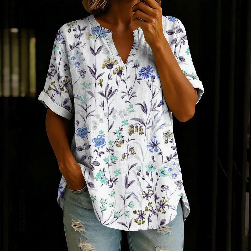 Pastoral Watercolor Flowers And Plants Print Short Sleeve Casual Blouse - Blue - 5XL - image 6