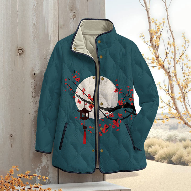 Japanese Sun & Lantern On Plum Blossom Art Print Outerwear Jackets - Dark Green - 4XL - image 5