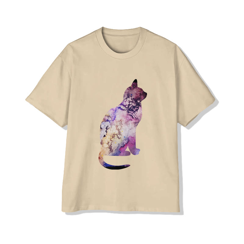 Unisex Colorful Floral Cat Print Short Sleeved Crew Neck T-shirt - Apricot - 2XL - image 3