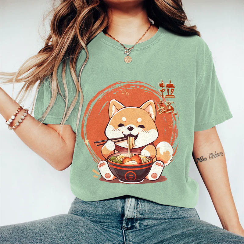 100% Cotton Women's Japanese Cat Eating Ramen Art Print Casual T-shirt - Green - 2XL - image 6