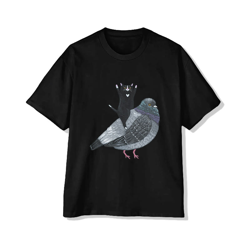 Unisex Funny Black Cat Riding A Bird Print Short Sleeved Crew Neck T-shirt - Black - 2XL - image 5