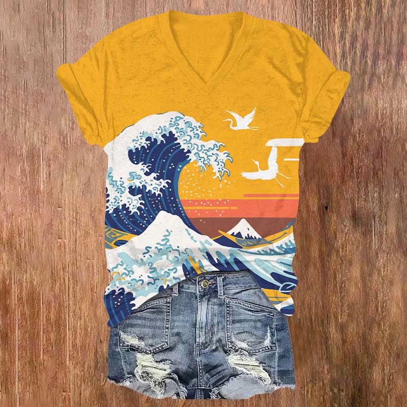 Japanese Style Ocean Wave & Crane Print V-neck T-shirt - Yellow - US32-34(5XL) - image 3