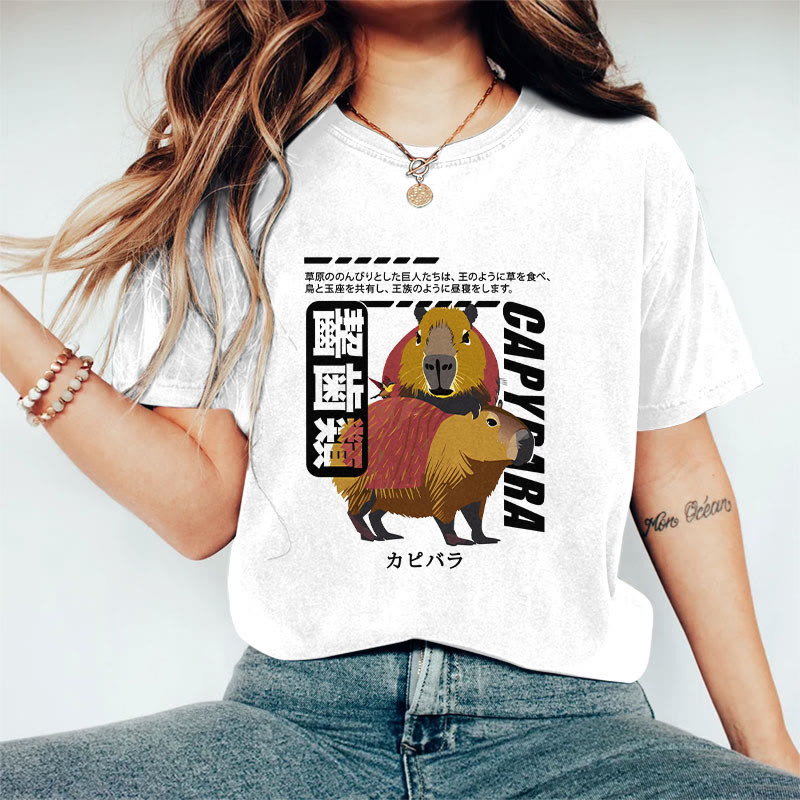 100% Cotton Funny Japanese Capybara Rodents Print T-shirt - White - 2XL - image 3