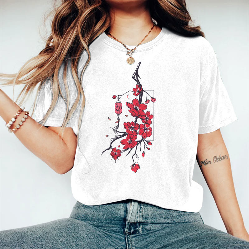 100% Cotton Women's Japanese Sakura & Lantern Art Print Casual T-shirt - White - 2XL - image 2
