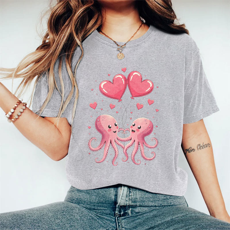 100% Cotton Valentine's Day Octopus Heart T-shirt - Grey - 2XL - image 4