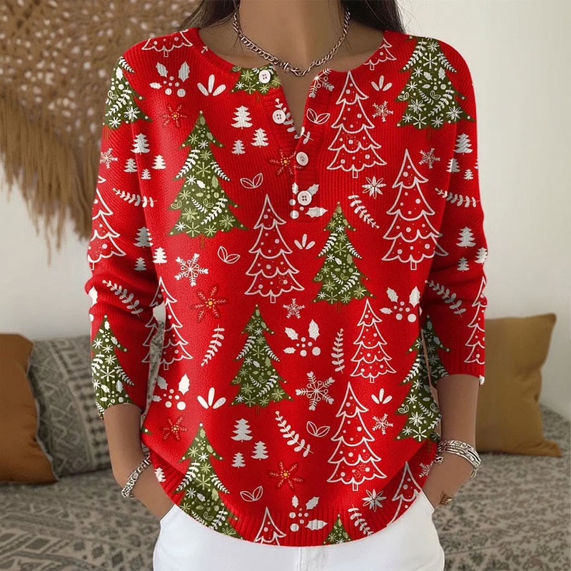 Women's Christmas Tree Print Button Sweater - Red - 5XL - image 3