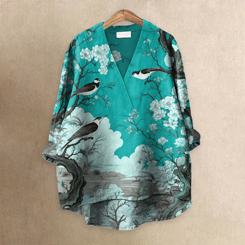Japanese Flower And Bird Painting Art Printed Casual V-neck Blouse - Green - 6XL - image 6
