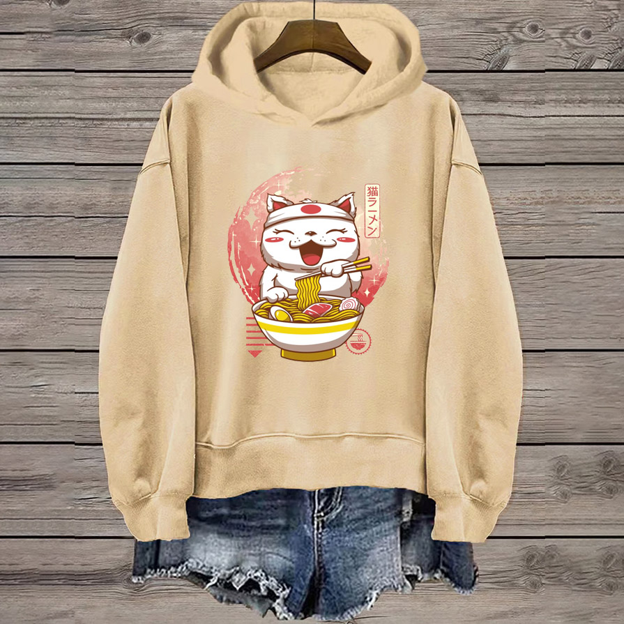 Japanese Cute Ramen Cat Print Long Sleeve Hoodie - Apricot - 8XL - image 1