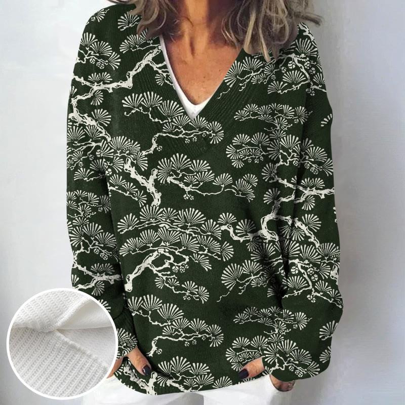 Women's Pine Trees Japanese Lino Art Print Causal V-neck Pullover Sweater - Green - 4XL - image 2