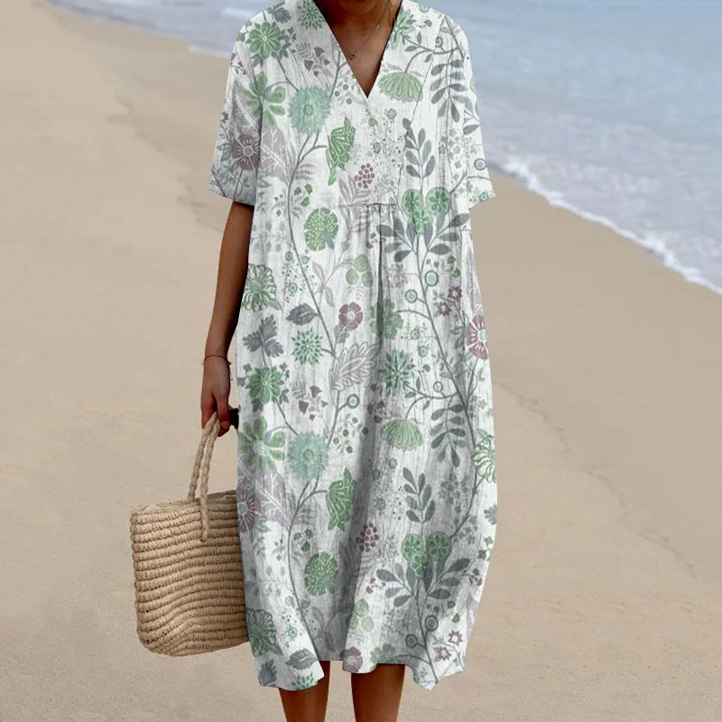 Women's Pastoral Floral Art Print Casual Midi Dress