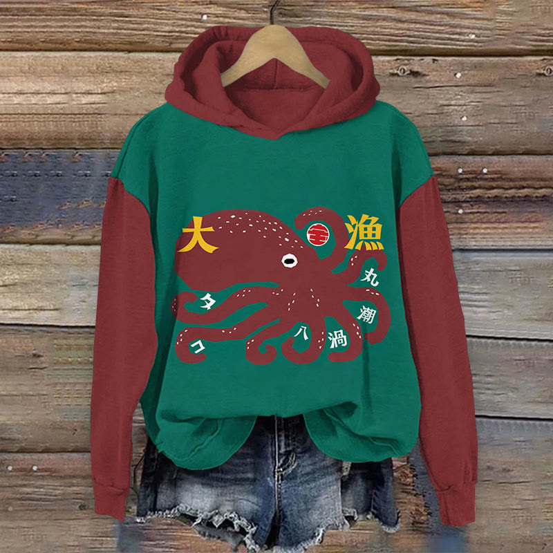 Simple Japanese Cute Octopus Print Long Sleeve Hoodie - Red - 8XL - image 2