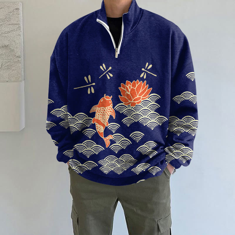 Japanese Style Koi Fish Dragonfly Wave Art Print Long Sleeve Zipper Sweatshirt - Blue - 5XL - image 3