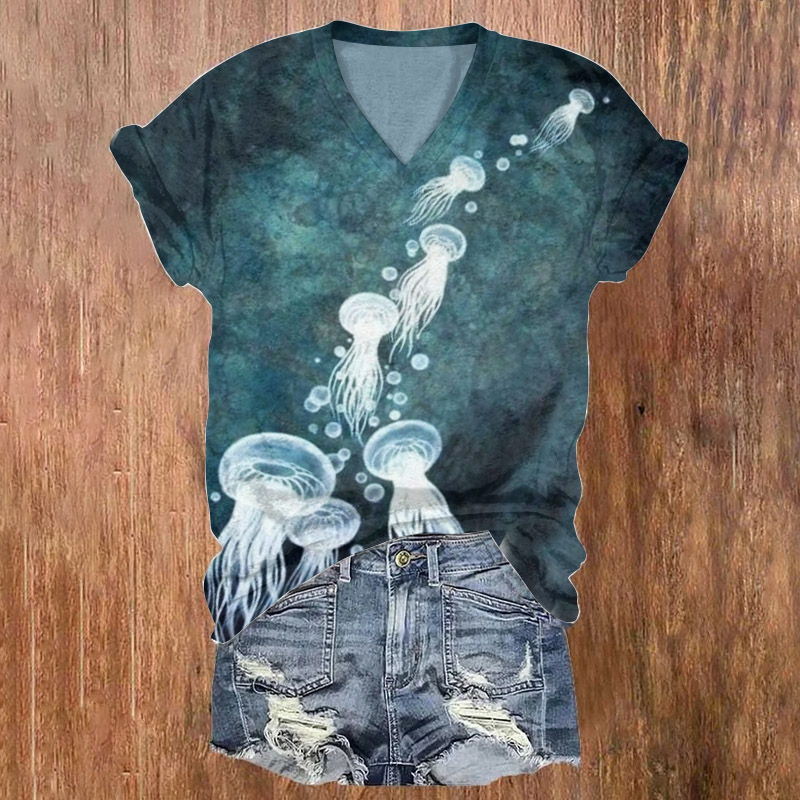 Japanese Jellyfish Print V-neck T-shirt - Green - 5XL - image 1
