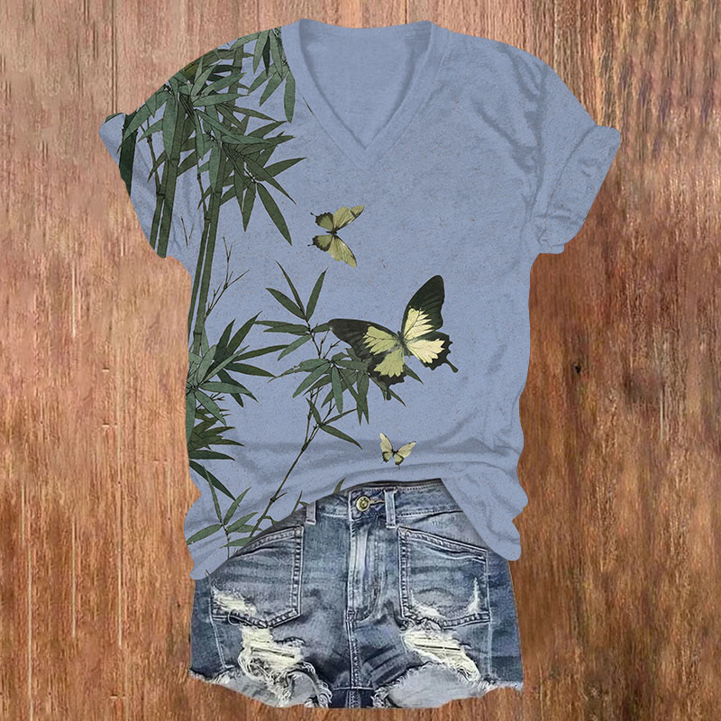 Japanese Bamboo Forest Butterfly Print V-neck T-shirt - Blue - US32-34(5XL) - image 2