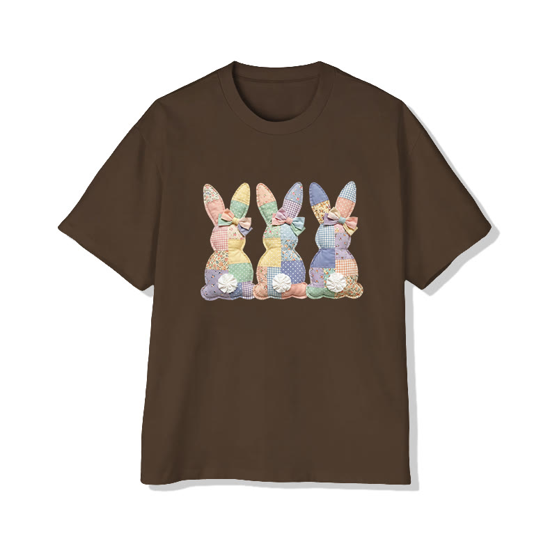 Easter Three Bunnies Garden Flowers Print Pattern Cotton Print T-shirt - Coffee - US16-18(2XL) - image 7