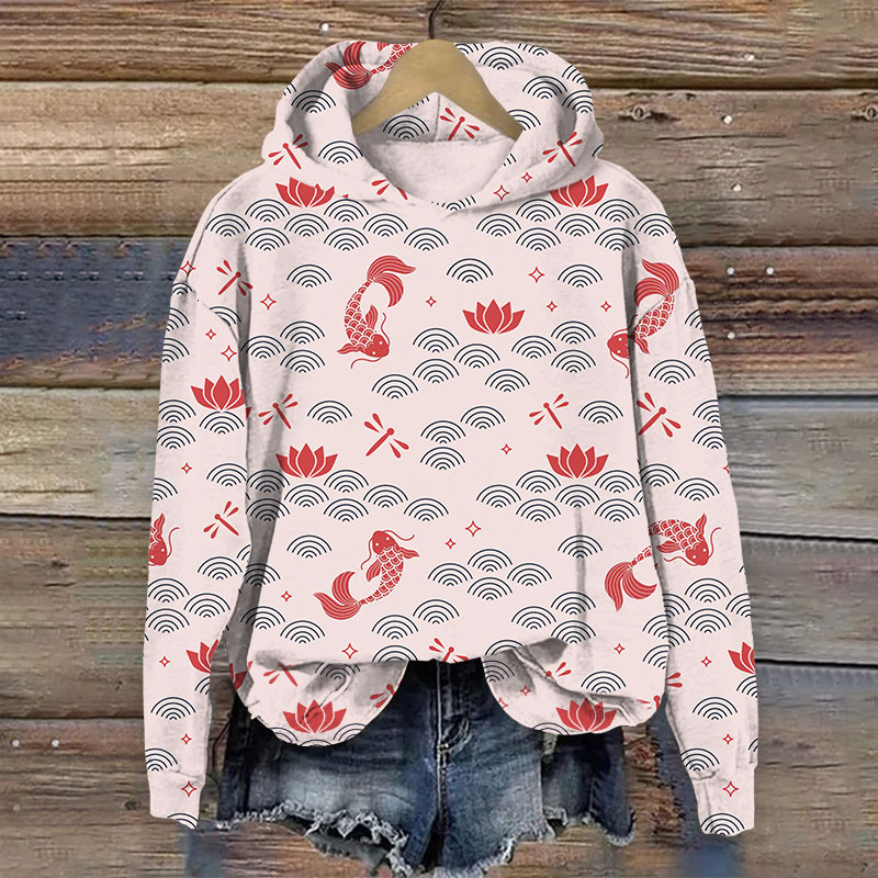 Japanese Koi Dragonfly Art Print Long Sleeve Hoodie - Pink - 8XL - image 1
