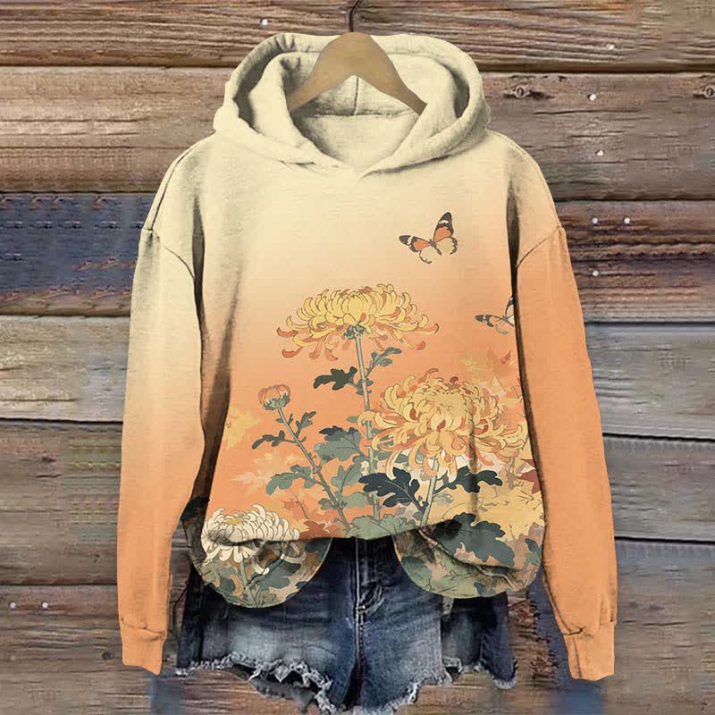 Japanese Lovely Chrysanthemum & Butterfly Art Print Long Sleeve Hoodie - Orange - US44-46(8XL) - image 2