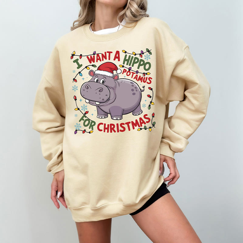 Unisex 100% Cotton Cute Hippopotamus For Christmas Print Round Neck Sweatshirt - Apricot - 2XL - image 3