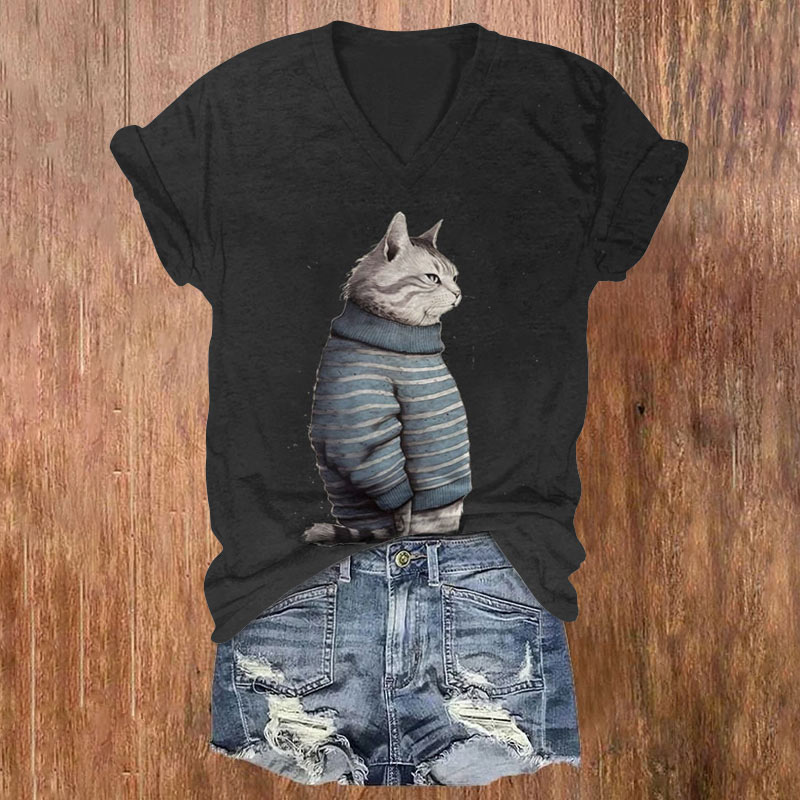 Cute Striped Sweater Cat Print V-neck T-shirt